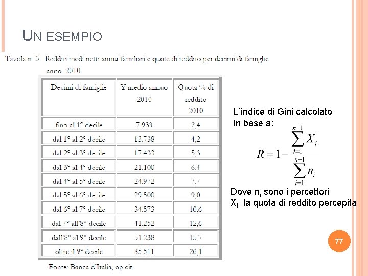 UN ESEMPIO L’indice di Gini calcolato in base a: Dove ni sono i percettori