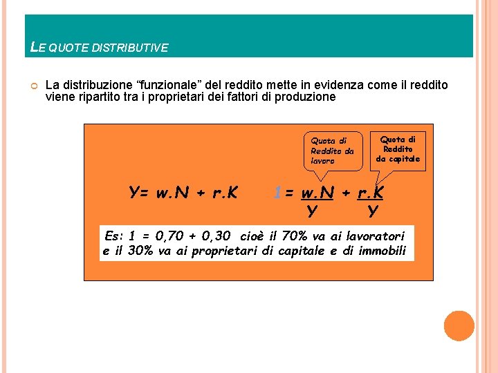 LE QUOTE DISTRIBUTIVE La distribuzione “funzionale” del reddito mette in evidenza come il reddito