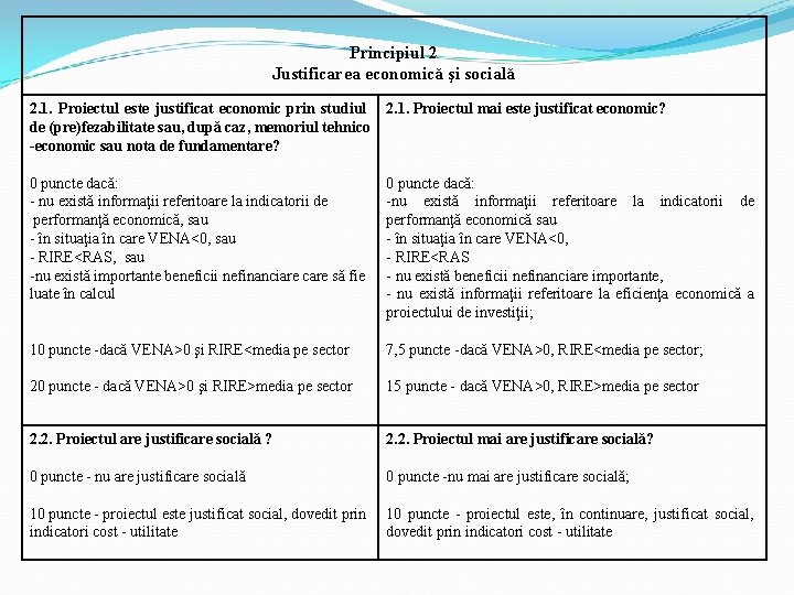 Principiul 2 Justificarea economică şi socială 2. 1. Proiectul este justificat economic prin studiul