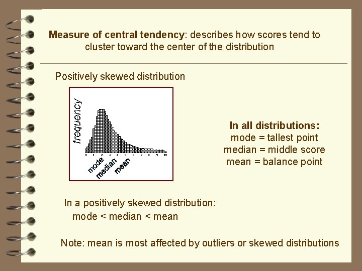 Measure of central tendency: describes how scores tend to cluster toward the center of
