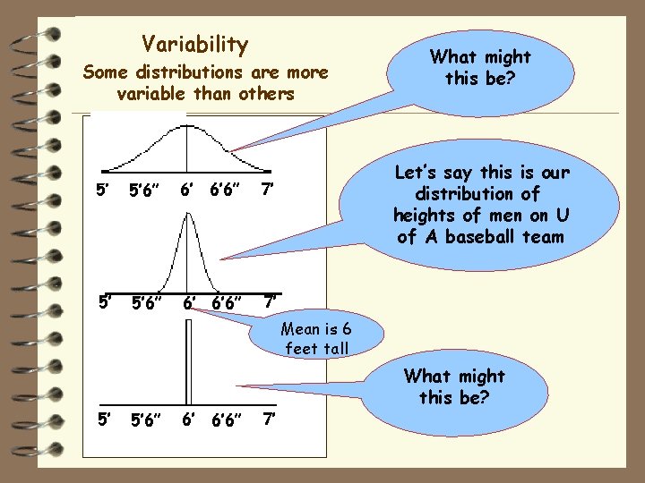 Variability Some distributions are more variable than others 5’ 5’ 6” 6’ 6’ 6”