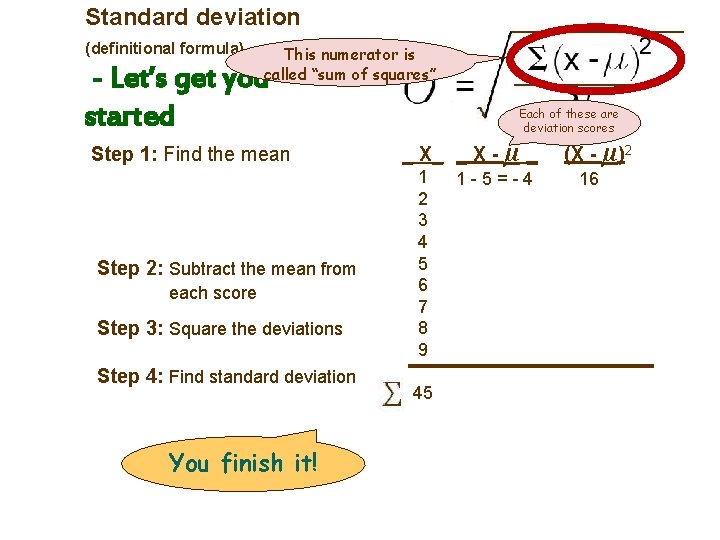 Standard deviation (definitional formula) This numerator is called “sum of squares” - Let’s get