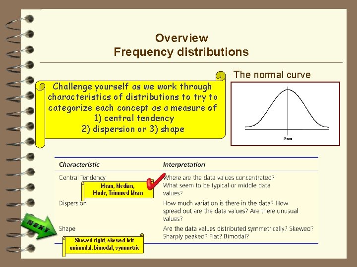 Overview Frequency distributions Challenge yourself as we work through characteristics of distributions to try