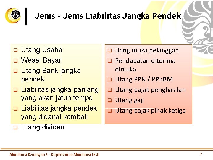 Jenis – Jenis Liabilitas Jangka Pendek q q q Utang Usaha Wesel Bayar Utang