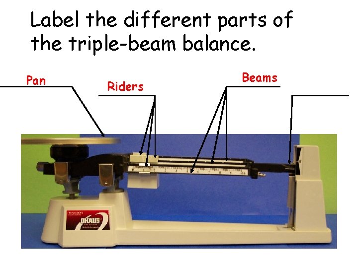 Label the different parts of the triple-beam balance. Pan Riders Beams 
