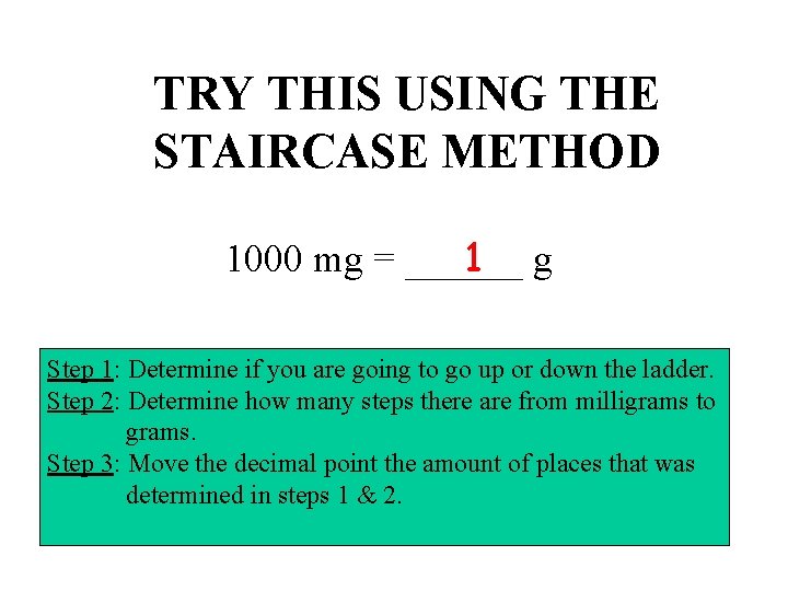 TRY THIS USING THE STAIRCASE METHOD 1 g 1000 mg = ______ Step 1: