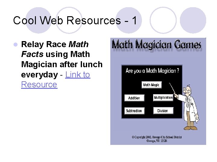 Cool Web Resources - 1 l Relay Race Math Facts using Math Magician after