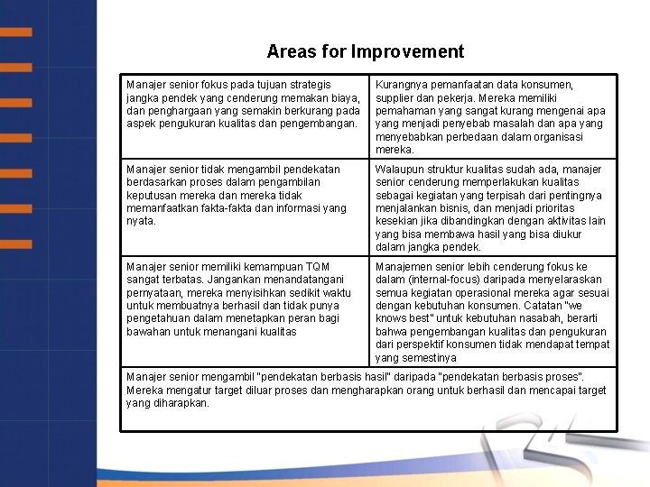 Areas for Improvement Manajer senior fokus pada tujuan strategis jangka pendek yang cenderung memakan