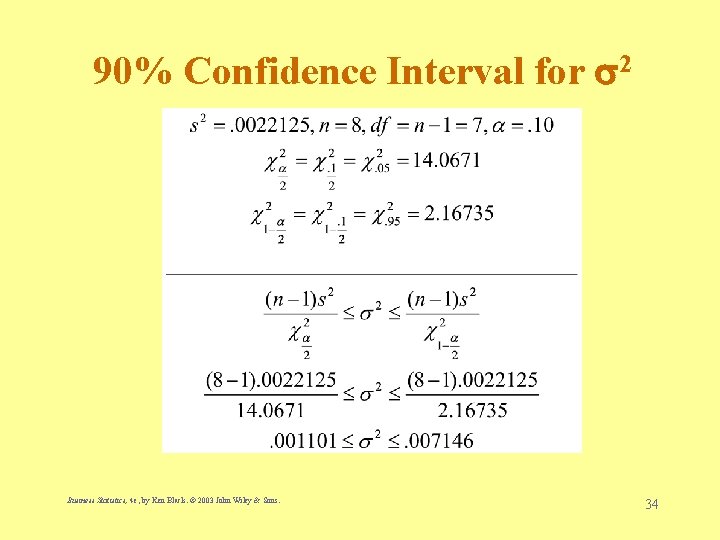 90% Confidence Interval for 2 Business Statistics, 4 e, by Ken Black. © 2003