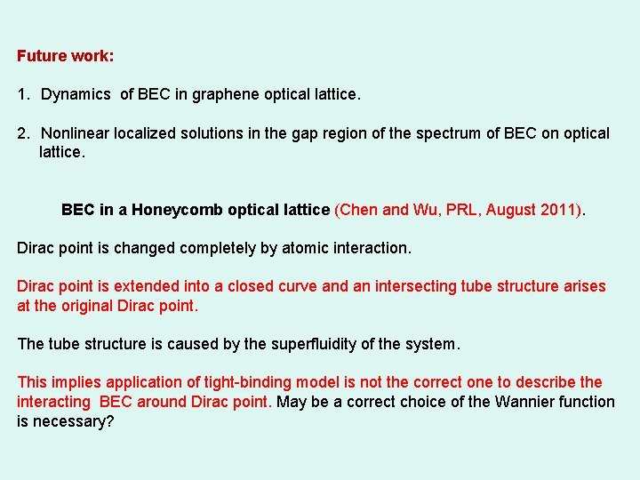 Future work: 1. Dynamics of BEC in graphene optical lattice. 2. Nonlinear localized solutions