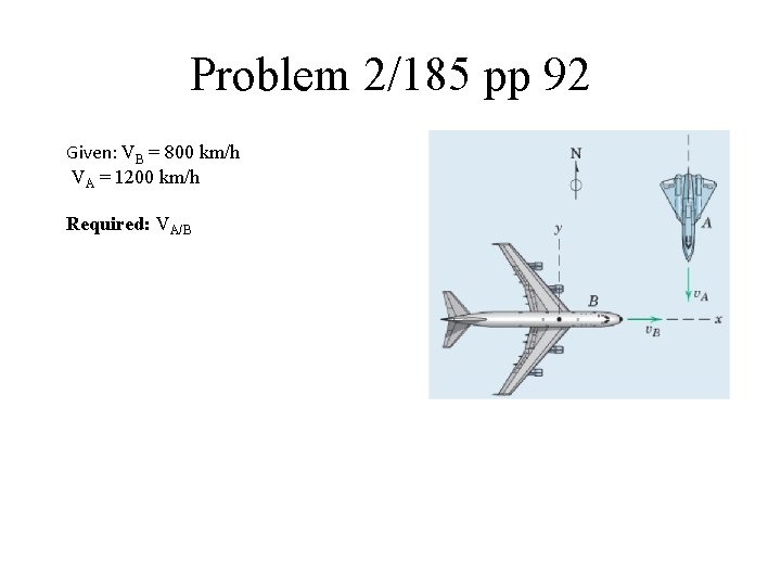 Problem 2/185 pp 92 Given: VB = 800 km/h VA = 1200 km/h Required: