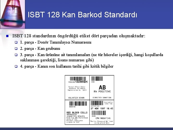 ISBT 128 Kan Barkod Standardı n ISBT 128 standardının öngördüğü etiket dört parçadan oluşmaktadır: