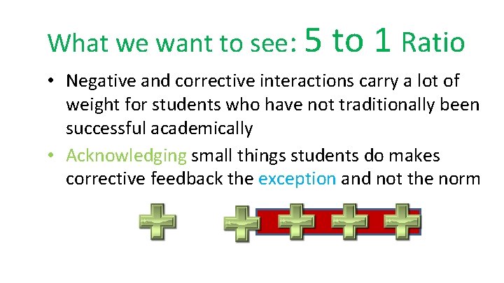 What we want to see: 5 to 1 Ratio • Negative and corrective interactions