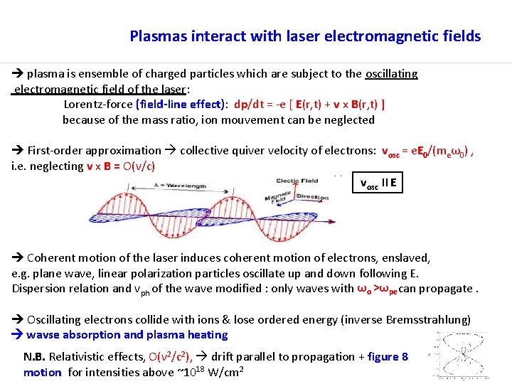Plasmas interact with laser electromagnetic fields plasma is ensemble of charged particles which are