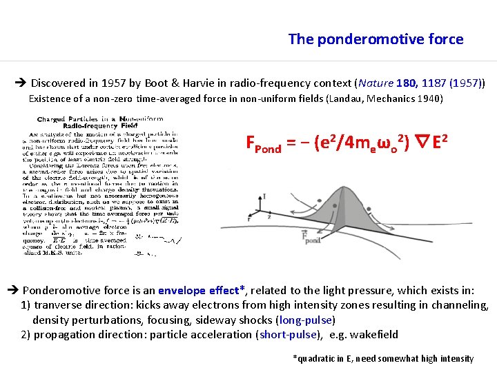 The ponderomotive force Discovered in 1957 by Boot & Harvie in radio-frequency context (Nature