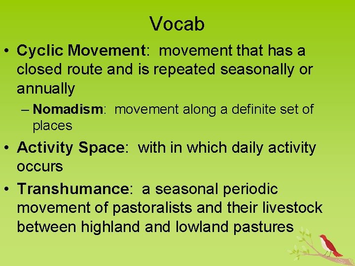 Vocab • Cyclic Movement: movement that has a closed route and is repeated seasonally