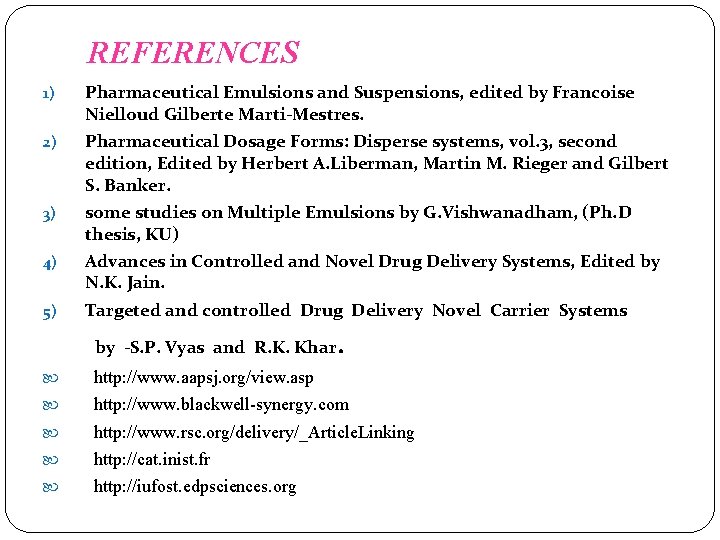 REFERENCES 1) Pharmaceutical Emulsions and Suspensions, edited by Francoise Nielloud Gilberte Marti-Mestres. 2) Pharmaceutical