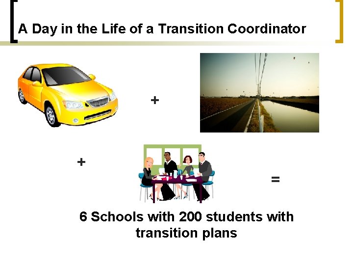 A Day in the Life of a Transition Coordinator + + = 6 Schools