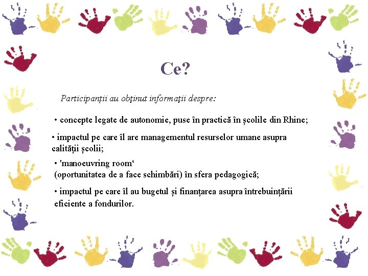 Ce? Participanții au obţinut informaţii despre: • concepte legate de autonomie, puse în practică