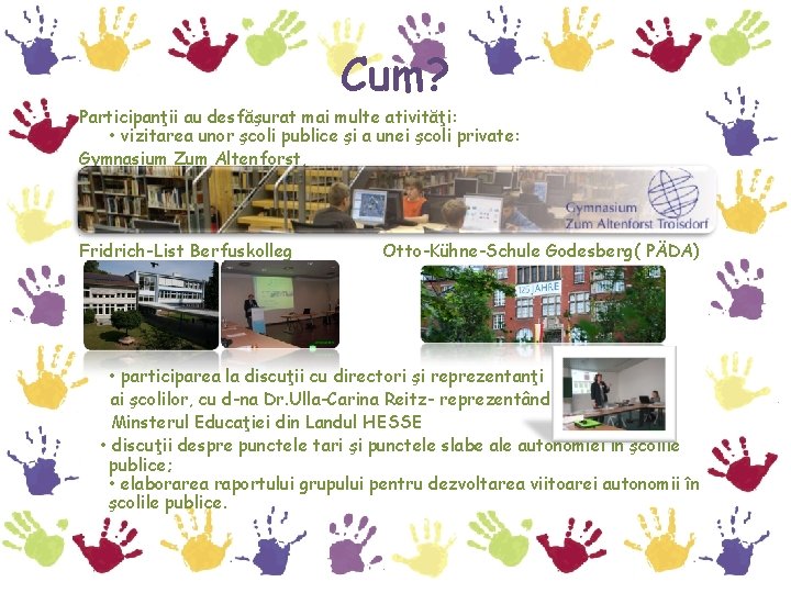 Cum? Participanţii au desfăşurat mai multe ativităţi: • vizitarea unor şcoli publice şi a