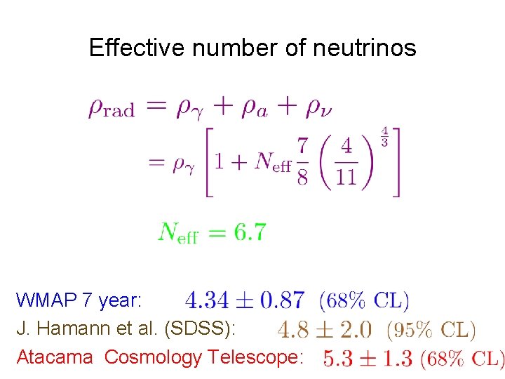 Effective number of neutrinos WMAP 7 year: J. Hamann et al. (SDSS): Atacama Cosmology