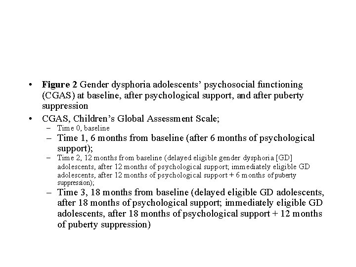 • Figure 2 Gender dysphoria adolescents’ psychosocial functioning (CGAS) at baseline, after psychological • Figure 2 Gender dysphoria adolescents’ psychosocial functioning (CGAS) at baseline, after psychological