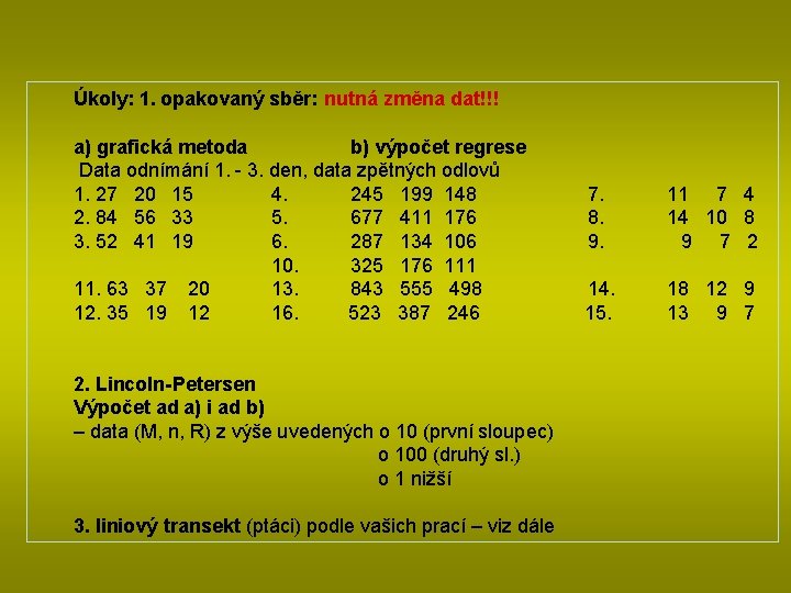 Úkoly: 1. opakovaný sběr: nutná změna dat!!! a) grafická metoda b) výpočet regrese Data