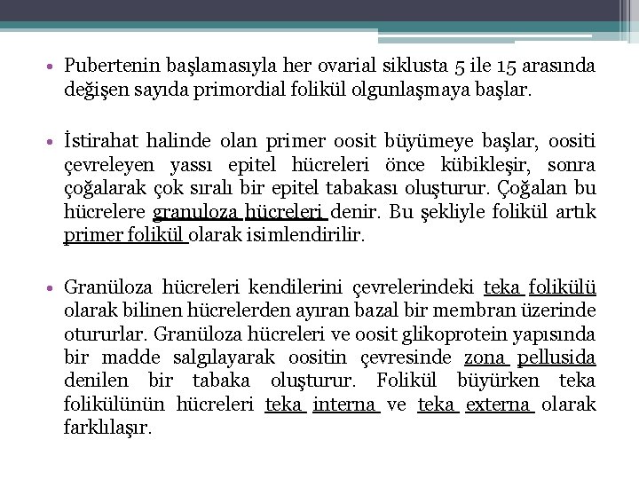  • Pubertenin başlamasıyla her ovarial siklusta 5 ile 15 arasında değişen sayıda primordial