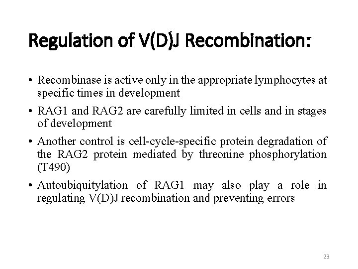 Regulation of V(D)J Recombination: • Recombinase is active only in the appropriate lymphocytes at