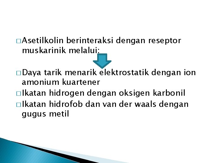 � Asetilkolin berinteraksi dengan reseptor muskarinik melalui: � Daya tarik menarik elektrostatik dengan ion