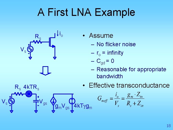 A First LNA Example Rs • Assume – – Vs No flicker noise ro