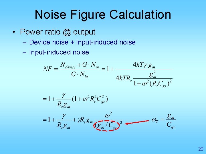 Noise Figure Calculation • Power ratio @ output – Device noise + input-induced noise