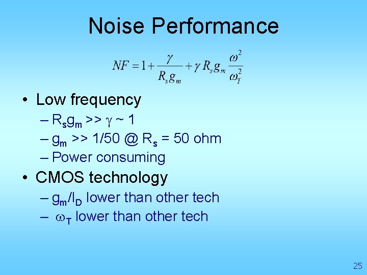 Noise Performance • Low frequency – Rsgm >> g ~ 1 – gm >>
