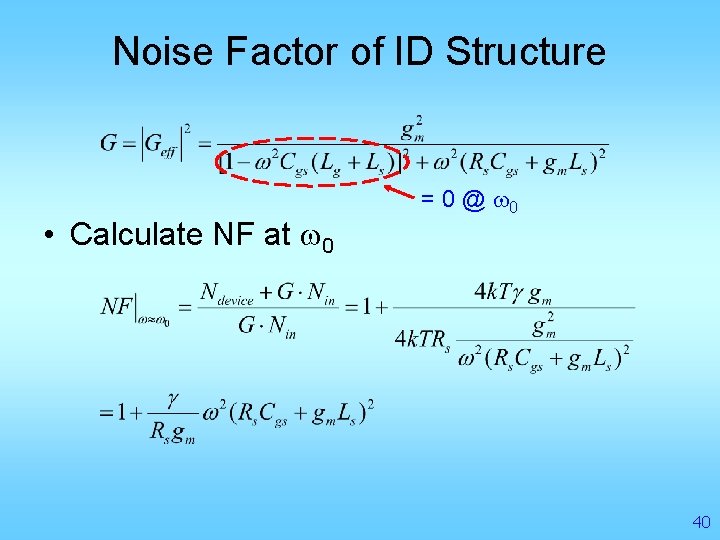 Noise Factor of ID Structure • Calculate NF at w 0 = 0 @