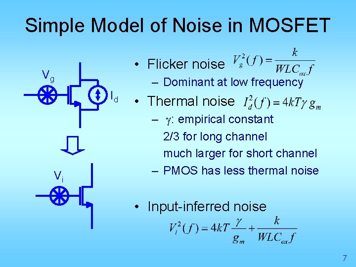 Simple Model of Noise in MOSFET • Flicker noise Vg Id Vi – Dominant