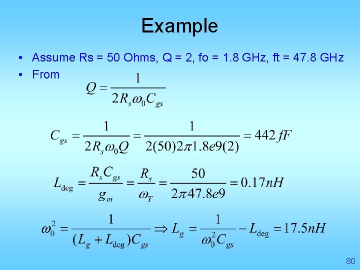 Example • Assume Rs = 50 Ohms, Q = 2, fo = 1. 8