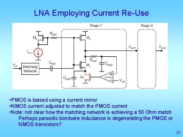 LNA Employing Current Re-Use • PMOS is biased using a current mirror • NMOS
