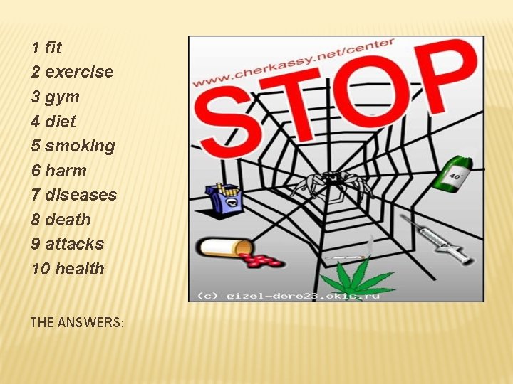 1 fit 2 exercise 3 gym 4 diet 5 smoking 6 harm 7 diseases