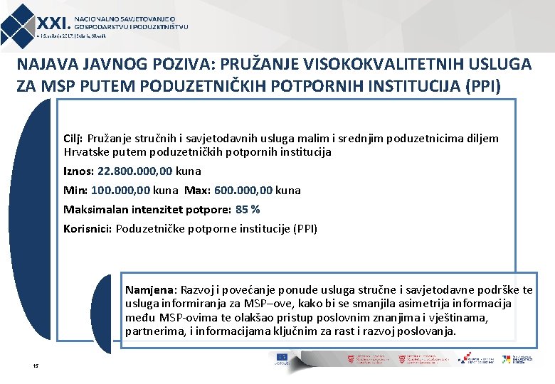 NAJAVA JAVNOG POZIVA: PRUŽANJE VISOKOKVALITETNIH USLUGA ZA MSP PUTEM PODUZETNIČKIH POTPORNIH INSTITUCIJA (PPI) Cilj: