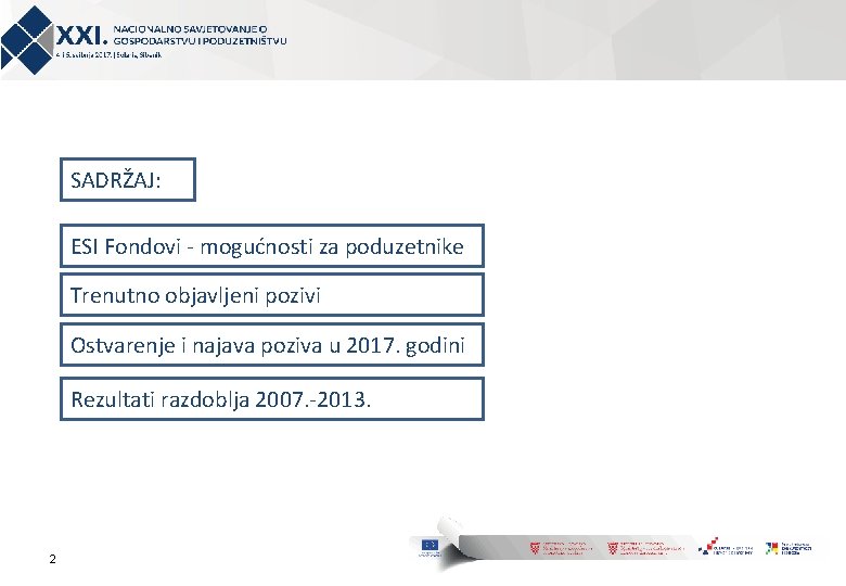 SADRŽAJ: ESI Fondovi - mogućnosti za poduzetnike Trenutno objavljeni pozivi Ostvarenje i najava poziva