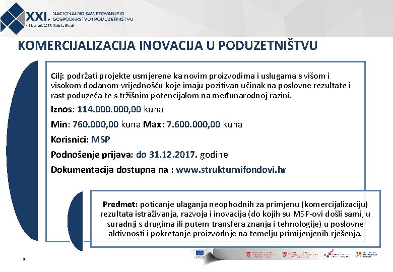 KOMERCIJALIZACIJA INOVACIJA U PODUZETNIŠTVU Cilj: podržati projekte usmjerene ka novim proizvodima i uslugama s