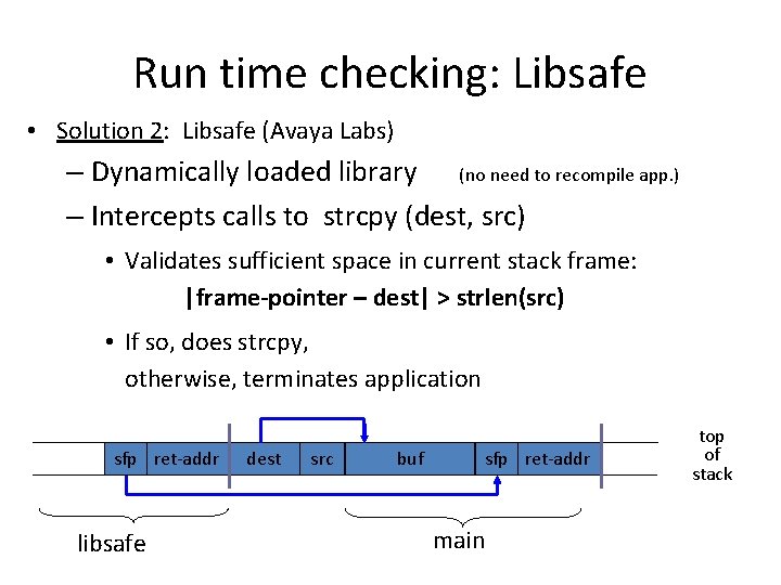 Run time checking: Libsafe • Solution 2: Libsafe (Avaya Labs) – Dynamically loaded library