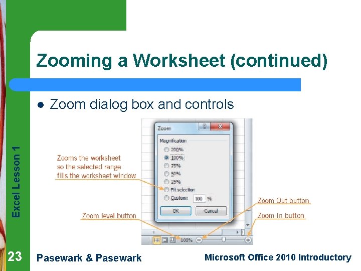 Zooming a Worksheet (continued) Zoom dialog box and controls Excel Lesson 1 l 23