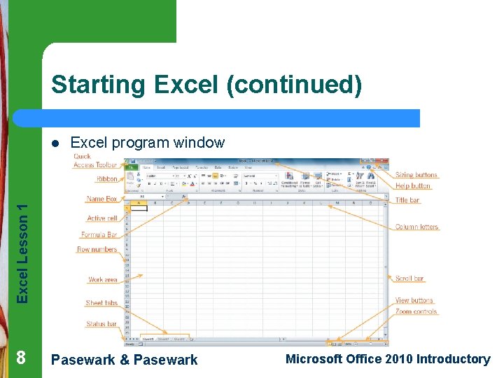 Starting Excel (continued) Excel program window Excel Lesson 1 l 8 Pasewark & Pasewark