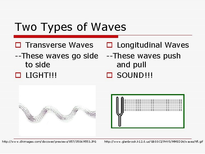 Two Types of Waves o Transverse Waves --These waves go side to side o