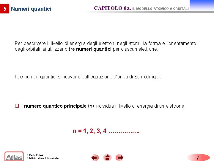 5 Numeri quantici CAPITOLO 6 a. IL MODELLO ATOMICO A ORBITALI Per descrivere il
