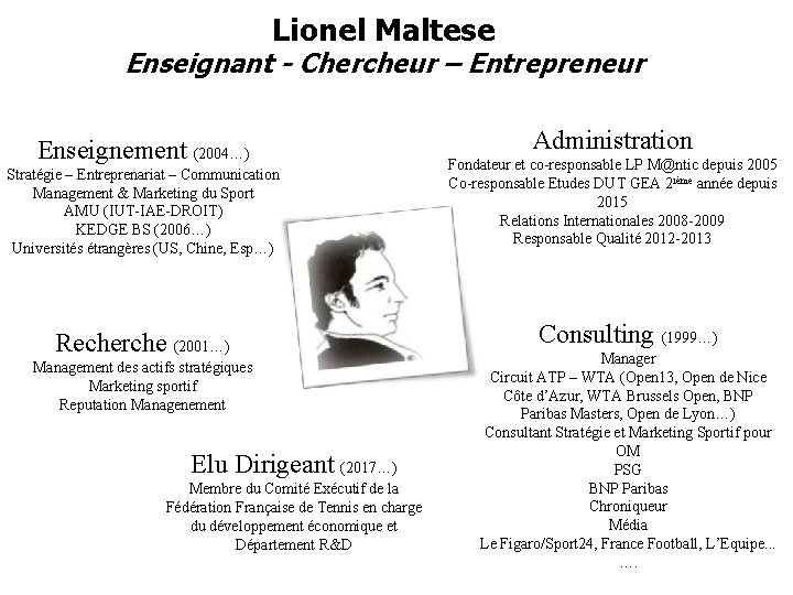 Lionel Maltese Enseignant - Chercheur – Entrepreneur Enseignement (2004…) Stratégie – Entreprenariat – Communication Lionel Maltese Enseignant - Chercheur – Entrepreneur Enseignement (2004…) Stratégie – Entreprenariat – Communication