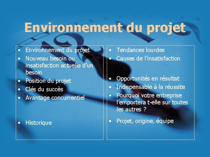 Environnement du projet • Nouveau besoin ou insatisfaction actuelle d’un besoin • Position du Environnement du projet • Nouveau besoin ou insatisfaction actuelle d’un besoin • Position du