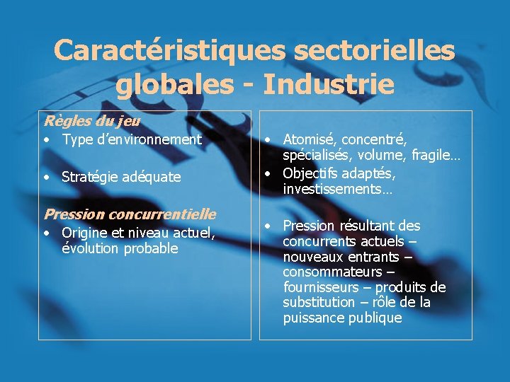 Caractéristiques sectorielles globales - Industrie Règles du jeu • Type d’environnement • Stratégie adéquate Caractéristiques sectorielles globales - Industrie Règles du jeu • Type d’environnement • Stratégie adéquate