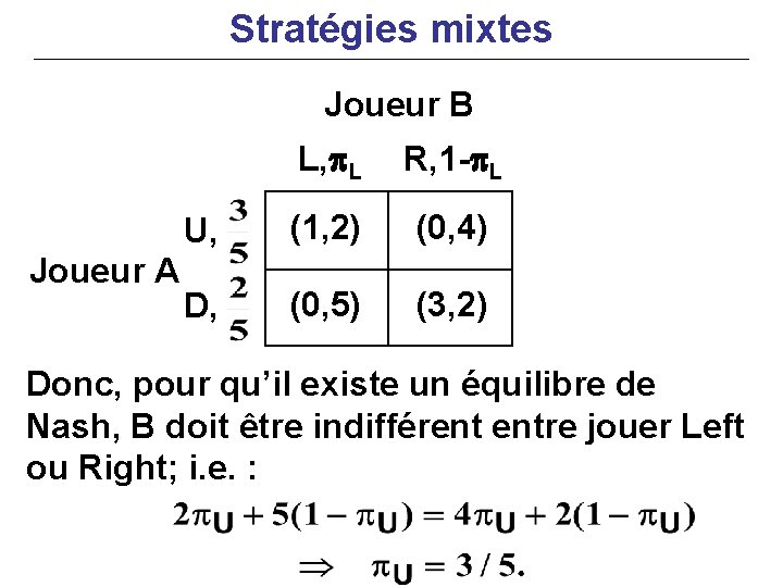 Stratégies mixtes Joueur B Joueur A L, p. L R, 1 -p. L U,